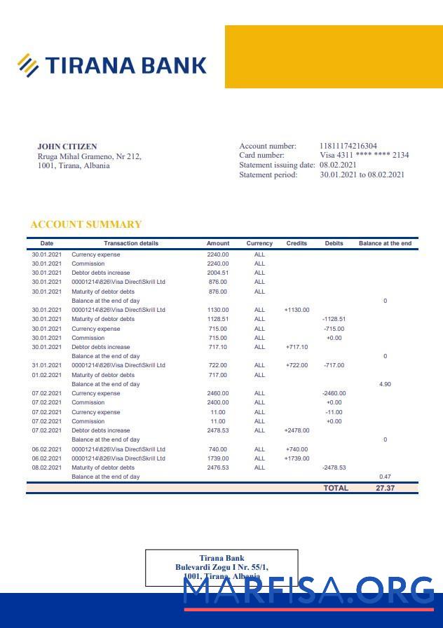 Realistic Albania Tirana bank statement real example